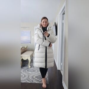 BCBG Generation Off White Black Long Puffer Parka Coat Jacket Size L